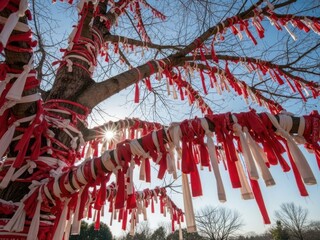 Tree adorned with numerous red and white ribbons hanging from bare branches against a blue sky