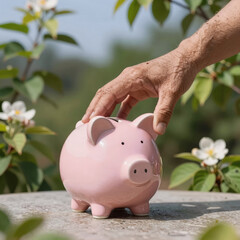 Hand grasping pink piggy bank on outdoor table amidst natural surroundings