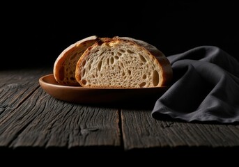 Sliced bread in wooden bowl on dark wooden table with cloth napkin