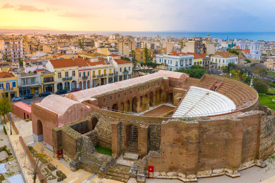 Roman Odeon, Amphitheater of Patras, Greece. An ancient Roman amphitheater in Patras, beautifully restored and used today for concerts and cultural events. Its stone seating and classical architecture