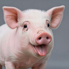 Smiling pink pig baby face with tongue out (Cartoon, Whimsical)