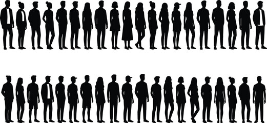 Silhouette grid of diverse standing figures in varied postures and clothing styles