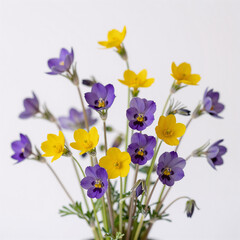 Wild spring flowers in shades of purple and yellow, gently displayed on a white surface