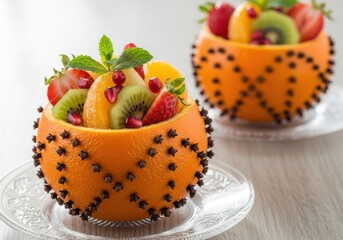 Fresh fruit salad in orange bowls with black decorations on a glass plate