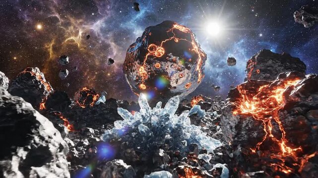 Cosmic scene with asteroids and glowing lava