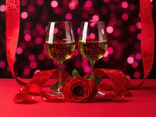 Two glasses of champagne with a red rose and ribbon on a red background isolated on red
