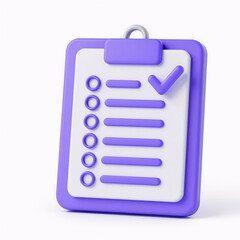 A 3D illustration of a purple clipboard with checklist and checkmark, isolated on white background