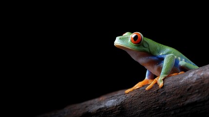 Obraz premium A vibrant tree frog rests on a branch in the dark. Its bright colors stand out beautifully against the black background. This nature photo captures the essence of wildlife. AI