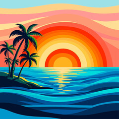 Obraz premium Tropical Sunset Serenity: Vibrant sunset over ocean with silhouettes of palm trees on a tropical island.