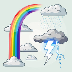 Fototapeta premium Rainbow and Weather: A vibrant rainbow arcs across a sky adorned with playful clouds, juxtaposed with the dramatic elements of a storm, creating a captivating illustration of weather phenomena.