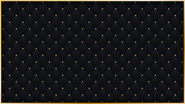Luxury black quilted leather background with gold studs and frame