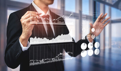 A business professional engages with advanced data visuals and analytics charts in a modern office setting, showcasing innovative financial insights. Impute