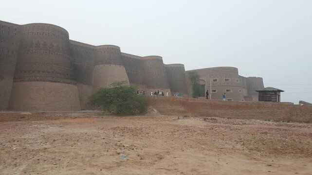 Drone rising toward the Derawar fort's iconic building. This fort is located in Pakistan's Punjab province and it is on the tentative list of UNESCO World Heritage Site. 