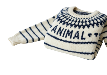 Meticulously presented cozy, chunky knit sweater, white with navy Fair Isle, heart motifs, 'ANIMAL' text, on transparent background with copy space. Concept of winter fashion
