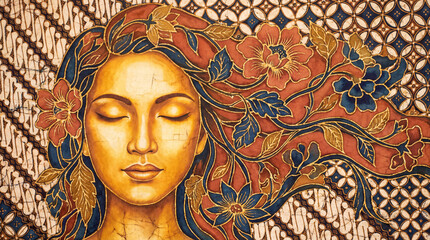 Serene Woman with Floral Adornment: A captivating portrait of a woman with closed eyes, her hair a cascade of intricate floral patterns, reminiscent of a dreamlike state and gentle peace.