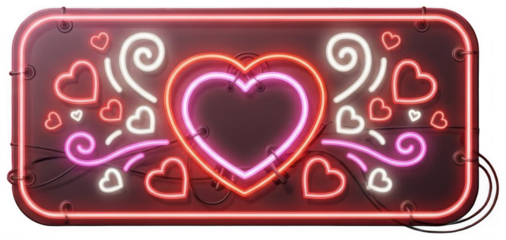 Valentine Vintage style neon heart sign with glowing pink and white lights on dark rectangular metal board