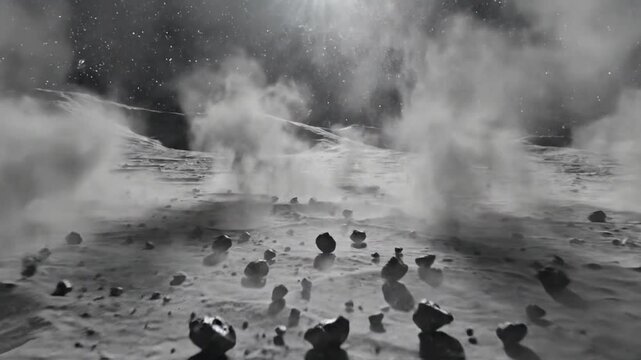 Explosion on lunar surface with starry background