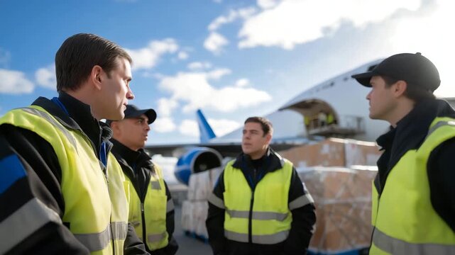 Ground crew personnel diligently marshaling an arriving aircraft to its designated gate, showcasing their expertise in aircraft handling with vibrant uniforms contrasting against the blue sky.