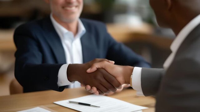 Executives reviewing contracts at a wooden table with legal papers and pens, intense faces and nods as they reach consensus and shake hands after a crucial business meeting on partnership terms.