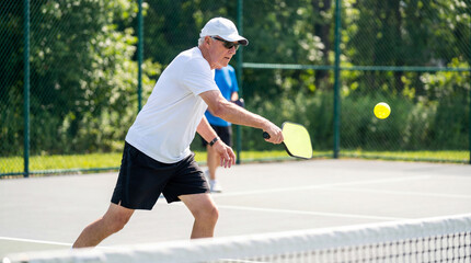 A dedicated senior athlete demonstrates precision and skill as he engages in an exhilarating pickleball match on a sun-drenched outdoor court. 