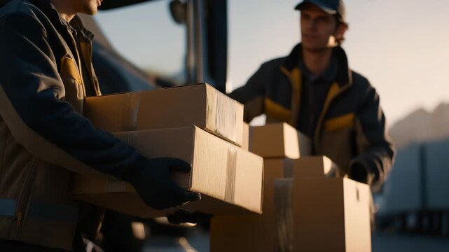 Industrial workers organize boxes already packed and carefully loaded onto a large truck parked outside the warehouse, highlighting logistics flow and freight distribution. cinematic color