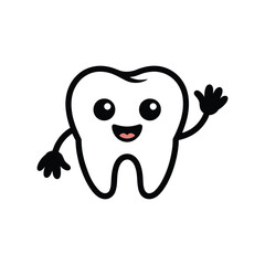 Obraz premium Cute cartoon molar tooth character smiling cheerfully and waving one small hand in a welcoming gesture.