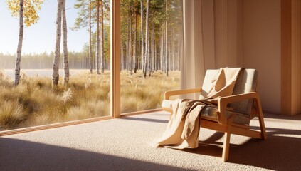 Obraz premium Interior scene of a sunlit room with a wooden armchair overlooking a tranquil forest