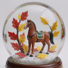 A snow globe featuring a brown horse figure surrounded by autumnal leaves, embodying celebration and traditional culture
