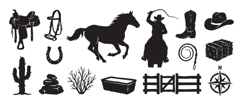 Black silhouette collection of western cowboy icons featuring a horse, rider, saddle, boot, hat, cactus, and horseshoe in a graphic, hand-drawn vector illustration style