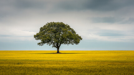 Lone green tree standing in the middle of a vast golden wheat field under a moody cloudy sky creating a peaceful rural landscape scene