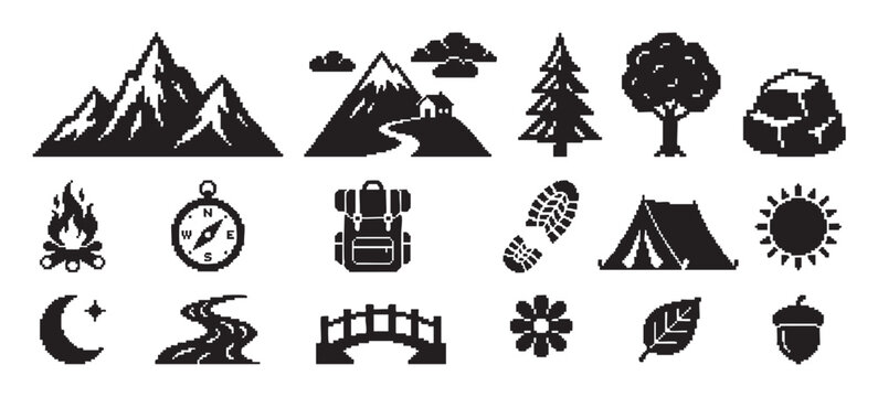 Black pixel art icon collection for camping and hiking, featuring retro 8-bit symbols of mountains, a tent, campfire, compass, backpack, and other nature elements