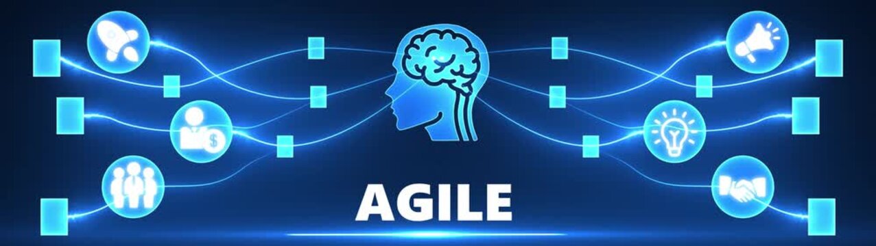 Blue digital network connecting brain icon to agile methodology icons with word AGILE business concept