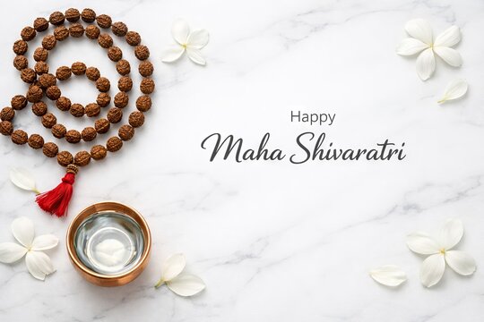 Happy maha shivaratri greeting with rudraksha mala and holy water on marble surface. concept of hindu festival, spiritual celebration, sacred rituals, Maha Shivaratri greeting card