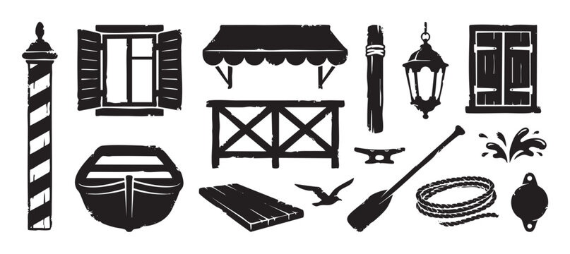 Set of black grunge style silhouettes depicting nautical and architectural elements from a canal city, including a boat, oar, lantern, window with shutters, and mooring pole
