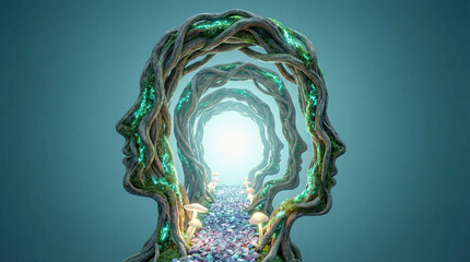 Ethereal Minds: An evocative artistic rendering portrays the multifaceted nature of human thought, imagination, and consciousness, suggesting an infinite journey into the depths of the mind.