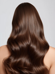 Fototapeta premium Beautiful wavy brunette hair flowing down back with lustrous shine.