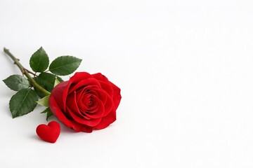 Fototapeta premium Single red rose and small heart on white background capturing essence of valentine's day love, romance, and passion. concept of romantic gesture, floral beauty, romantic celebration, copy space
