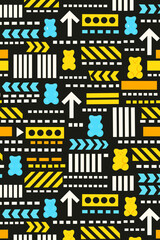 Obraz premium A bright, chaotic seamless pattern in the Memphis design style with elements of vaporwave / kidcore / maximalism. A mixture of road markings and gummy bears.