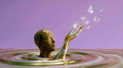 Metamorphosis of the Mind: An artistic and ethereal composition showcases a head emerging from a liquid, with a hand reaching towards delicate butterflies.