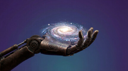 Galactic Embrace: An artificial hand cradles a mesmerizing galaxy, embodying the fusion of technology and the cosmos in a display of futuristic innovation.
