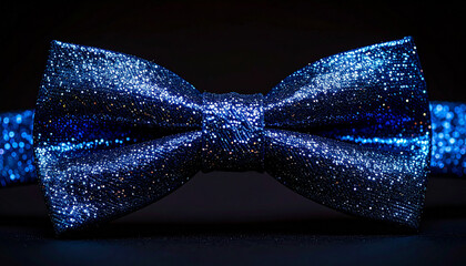 Sparkling blue bow tie with glitter texture, isolated on black backdrop, modern fashion accessory.
