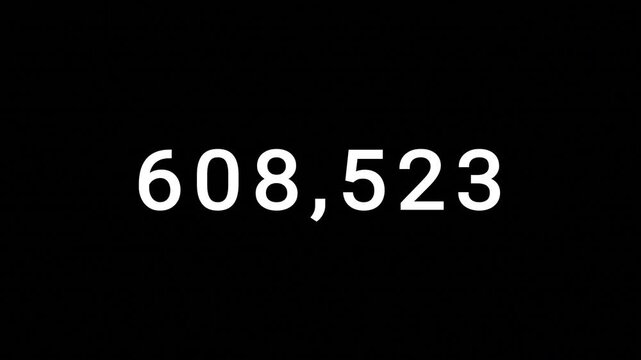 Basic flat counter. Quick growth from zero to one million, white digits on black background smooth increasing