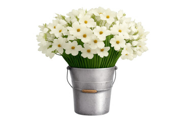 Obraz premium White flowers bouquet in metal bucket transparent background