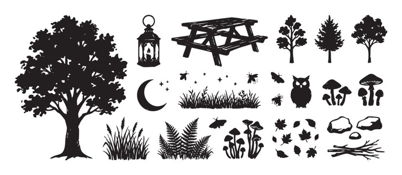 Collection of black forest and camping silhouettes in a rustic stamp style, featuring a tree, owl, picnic table, lantern, moon, mushrooms, fern, and other nature elements