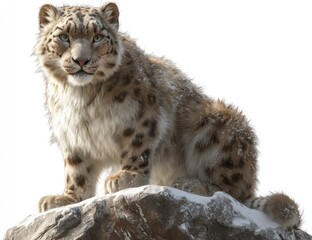 Fototapeta premium A regal snow leopard sits atop a snow-dusted rock, gazing forward with intense eyes
