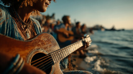 Friends enjoy sunset on the beach with guitar melodies and laughter