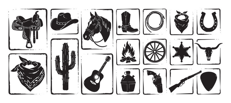 Large set of black cowboy and western-themed icons with a rustic, distressed stamp effect showing a saddle, horse, cactus, guitar, and sheriff badge
