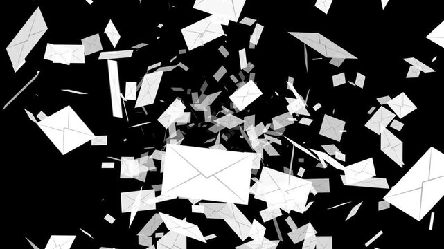 White envelope mail animation floating randomly from center on black background. 4K animated mail flowing for overlay, scattered letter floating, background effect, motion graphic, and inbox overload.