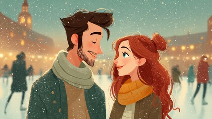 A joyful man and woman smile at each other on a charming skating rink