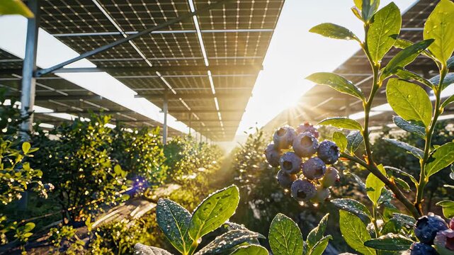Morning sunlight shining through rows of solar panels over a blueberry farm with fresh, ripe berries covered in dew, illustrating the innovative concept of agrivoltaics for sustainable farming